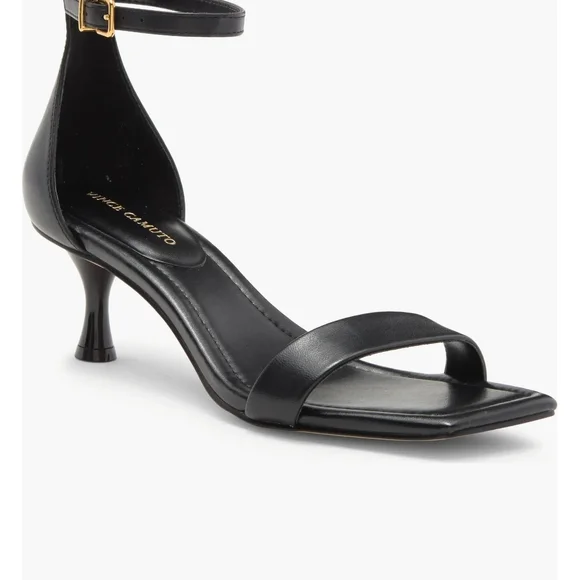 Vince Camuto Black Leather Ankle-Strap Kitten Heel Sandals - Picture 2 of 10